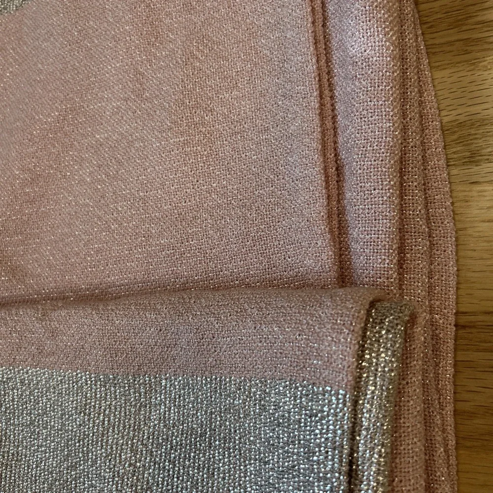 Vintage MCM Pink Woven Tablecloth 11 Napkins Set Metallic Silver Stripe 93x64